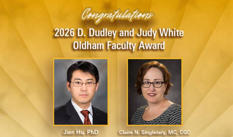 Jian Hu, PhD, and Claire Singletary, MS, CGC, honored for mentorship, leadership and service to the Graduate School