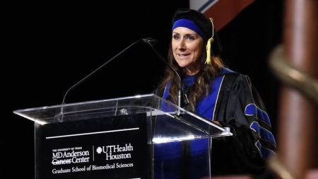 Kristin Eckel-Mahan, PhD, delivers her speech at the 2026 Commencement ceremony. (Photo by UTHealth Houston)