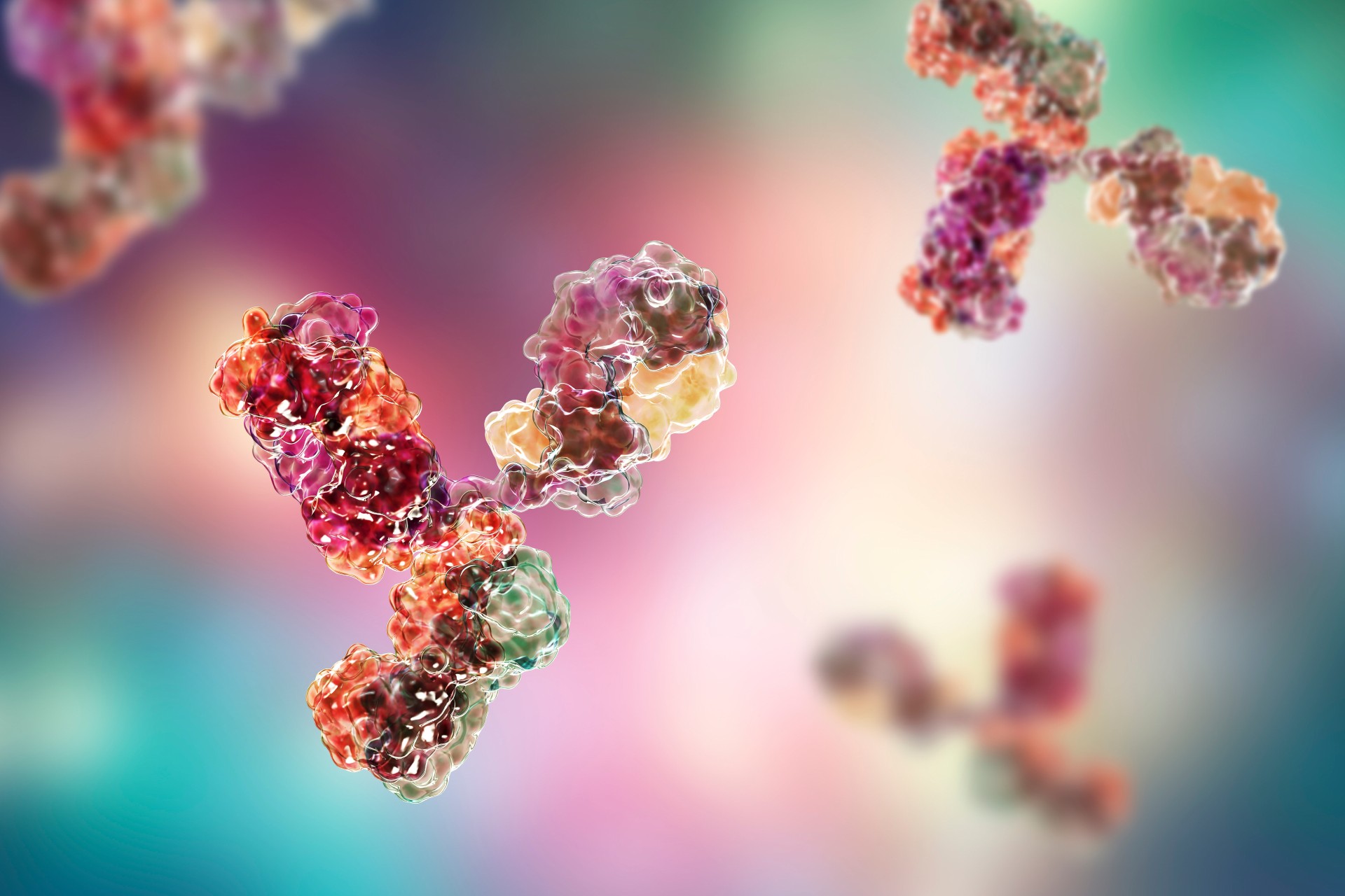 Illustration of colorful 3D antibodies—Y-shaped protein structures—floating against a soft, multicolored blurred background.
