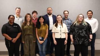 (L-R): Jewel Elliott, MPA, T32 Program Manager; Jeffrey Frost, PhD, and presenters: Farinaz Barghi, PhD, Jack Adams, Ritu Bohat, PhD; Amir Hernandez, PhD, Natalie West, Brian Koehler, Emma Wheeler, PhD; and Amit Niyogi. (Photo by UTHealth Houston)