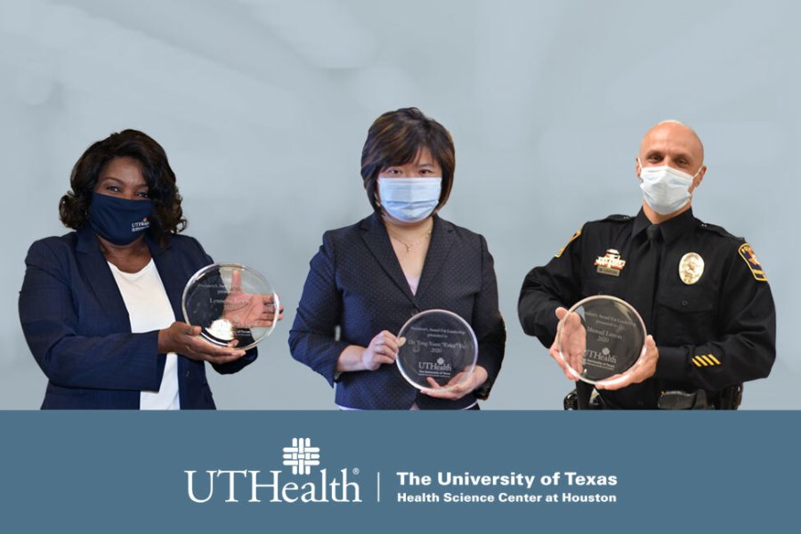 Photo of the 2020 recipients photoshopped on a light blue grey background. From left to right: Lynnette Lewis, Teng-Yuan “Erica” Yu, and Manuel “Manny” Leston. (Photos by UTHealth)