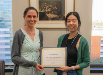 Heather Tsong, right, seen here with her advisor Andrea K.H. Stavoe, PhD, receiving the Crow Scholarship. (Photo: John Concha)