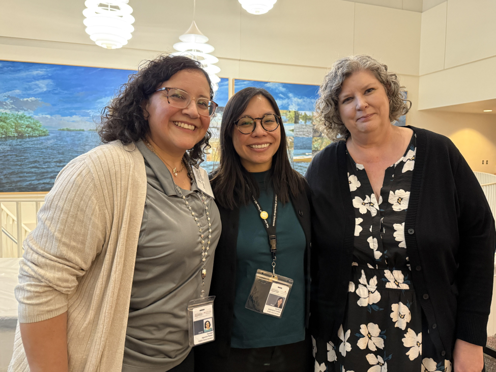 Weinberg standing with Microbiology and Infectious Diseases Program Manager Carolyn Agurcia-Parker, DrPH, and Director of Academic Affairs Natalie Sirisaengtaksin, PhD, at a GSBS event.